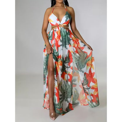 Floral Print Backless Side-Slit Dress