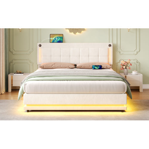 5ft King LED Hydraulic Bed With Charging Station, Adjustable Square Tufted Headboard With Intelligent Control Light, Soft Velvet Bed Frame With USB And Type - C Ports, Beige