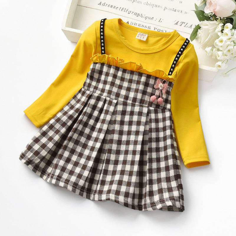 Robe de princesse à manches longues en rivet d'automne à carreaux pour fille, fausse robe deux pièces en dentelle