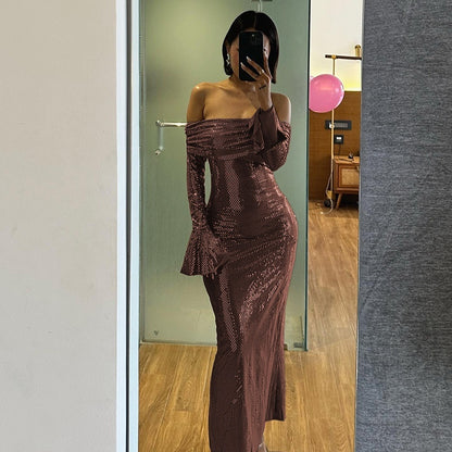 Womens Slim-fit Off-neck Dress