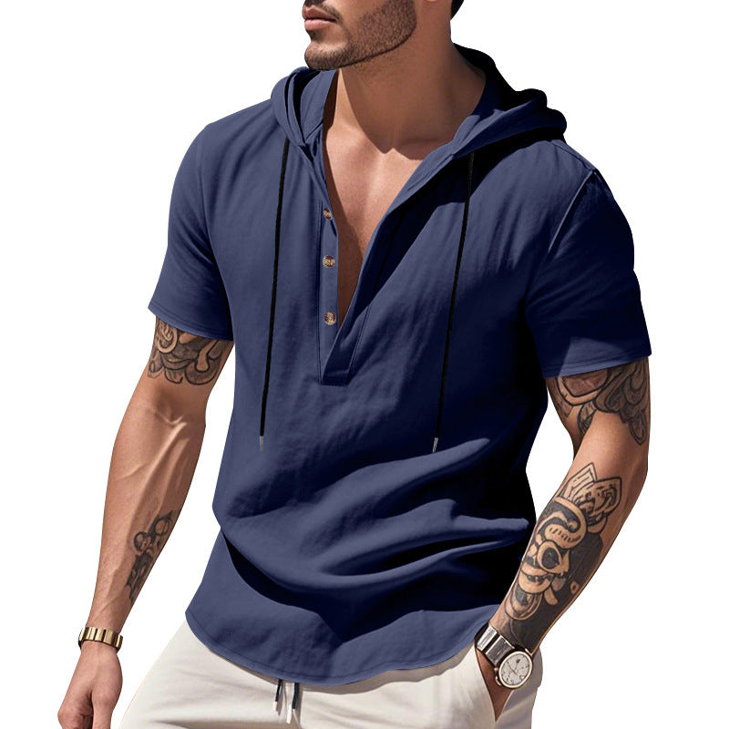 Men's Linen Hooded Henley Shirt - Breathable Short Sleeve