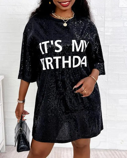 Letter Pattern Allover Sequin Casual Dress