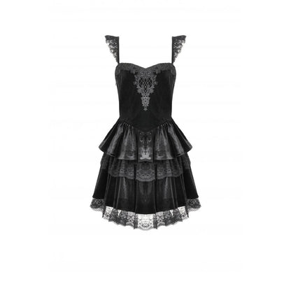 Dark in Love Nocturne Ruffled Velvet Lace Goth Dress in Black