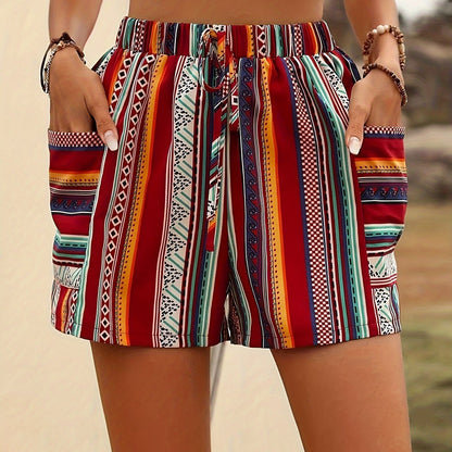 Short court bohème taille haute pour femme, 100 % polyester tissé, motif rayé d'été avec poches, short imprimé décontracté pour femme