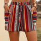 Short court bohème taille haute pour femme, 100 % polyester tissé, motif rayé d'été avec poches, short imprimé décontracté pour femme
