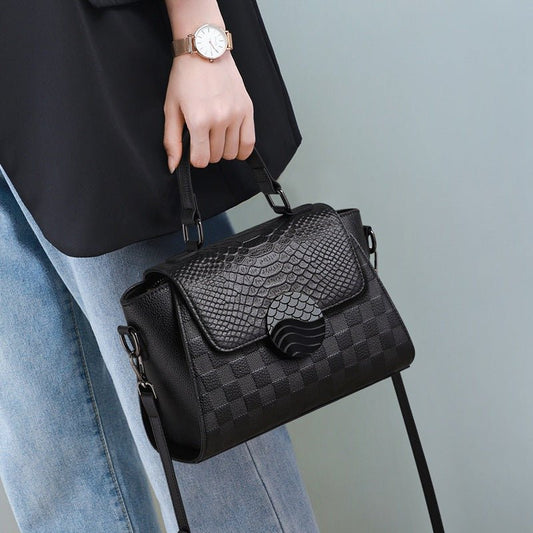 Black Genuine Leather croc effect Shoulder Crossbody Handbag