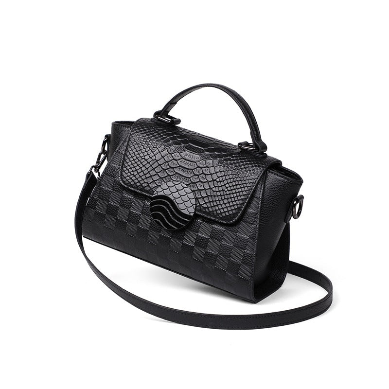 Black Genuine Leather croc effect Shoulder Crossbody Handbag