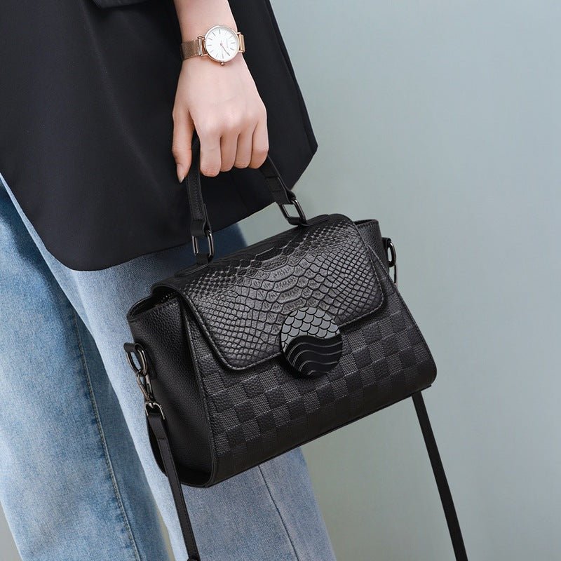 Black Genuine Leather croc effect Shoulder Crossbody Handbag