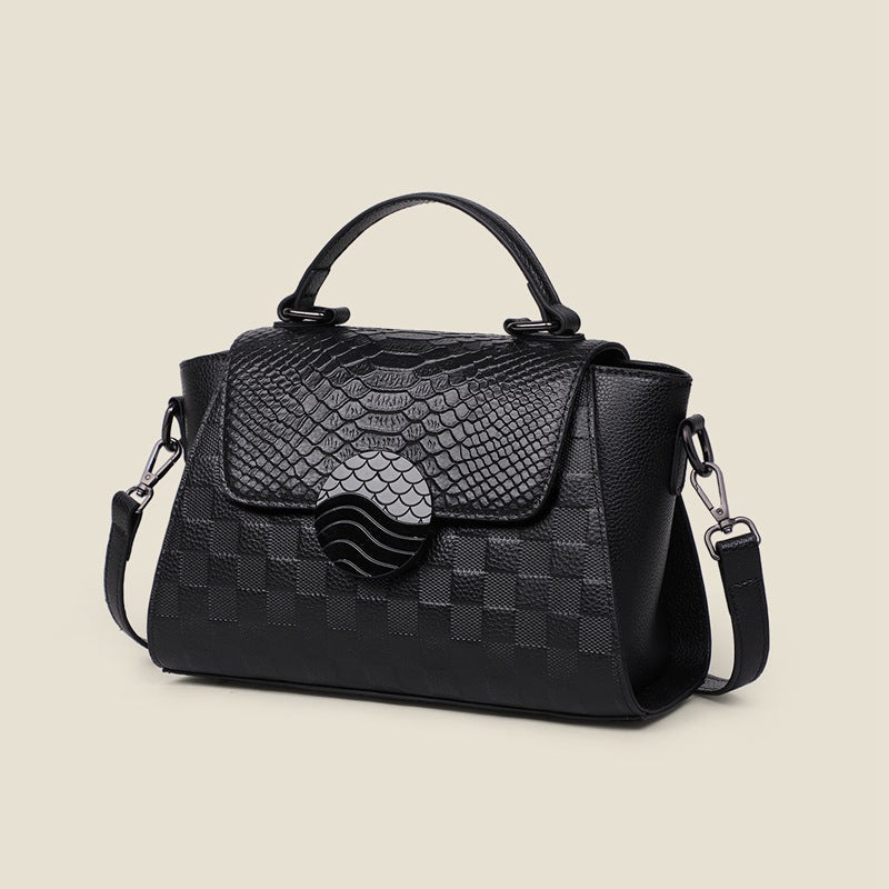 Black Genuine Leather croc effect Shoulder Crossbody Handbag