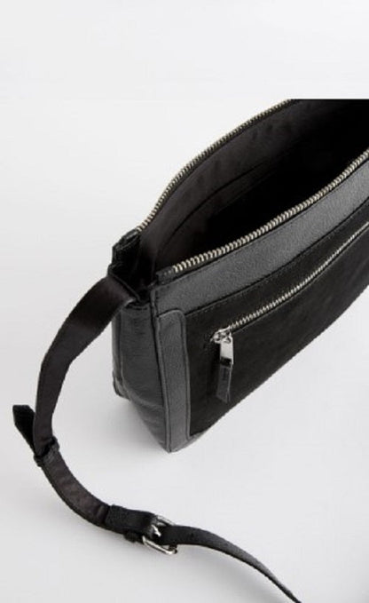 Black Leather Pocket cross body Messenger Bag