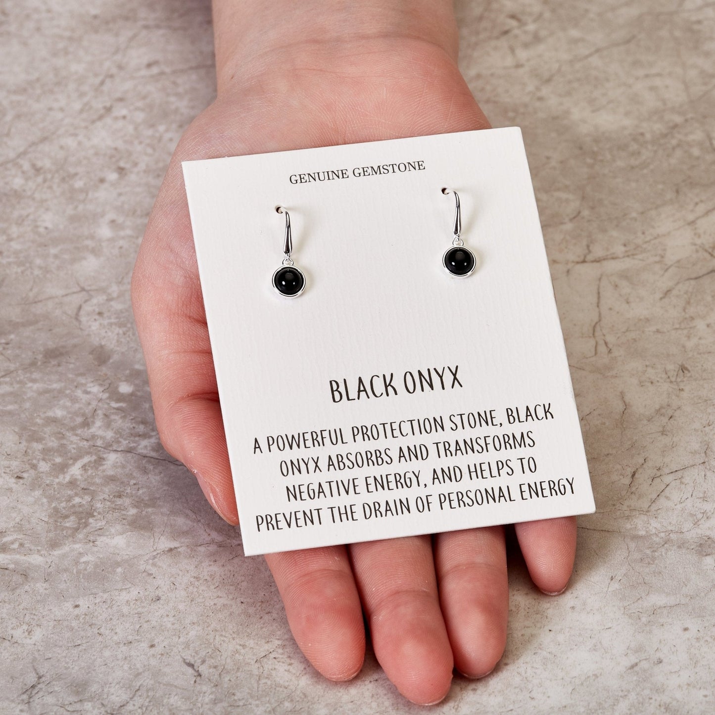 Black Onyx Drop Earrings with Quote Card