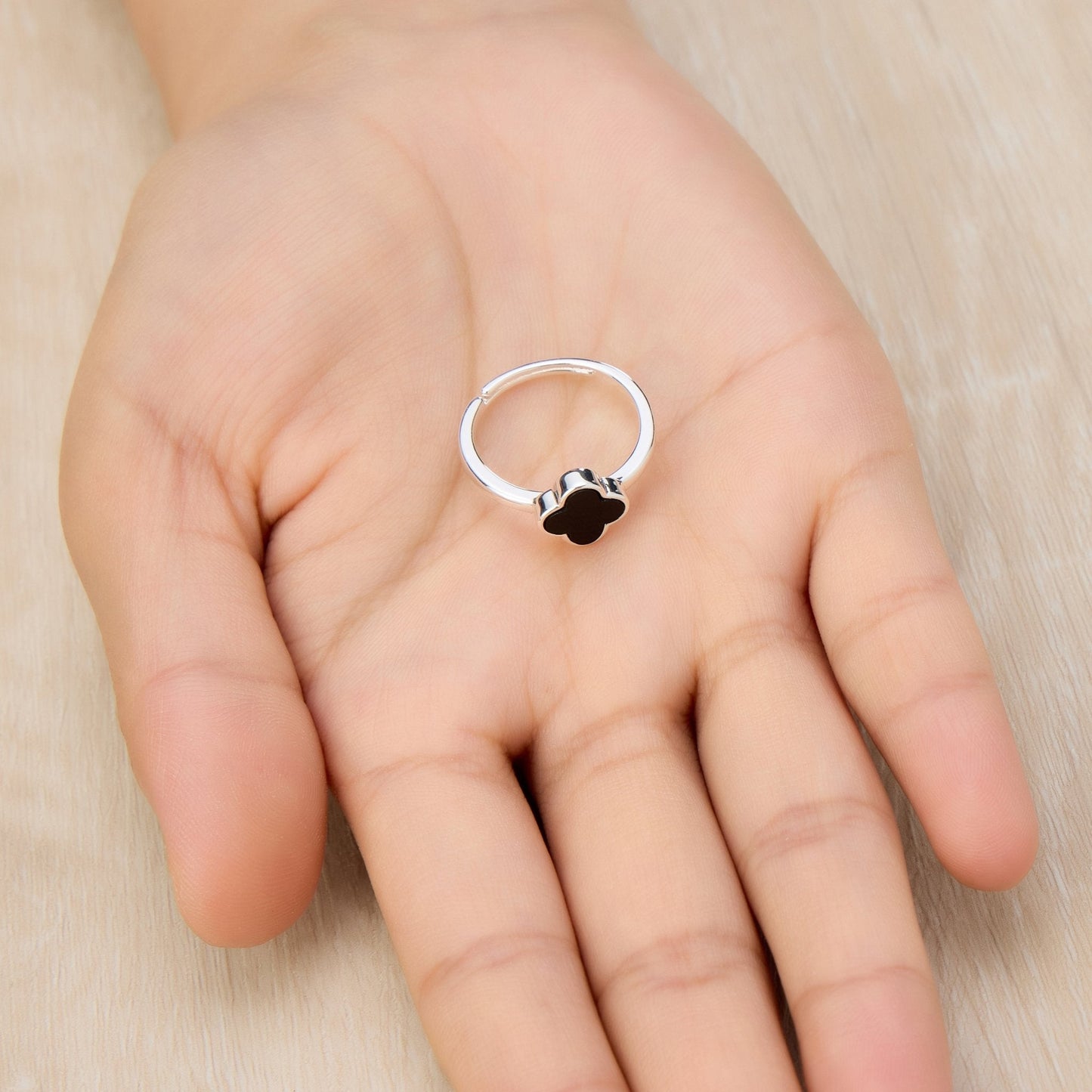 Black Onyx Gemstone Adjustable Clover Ring