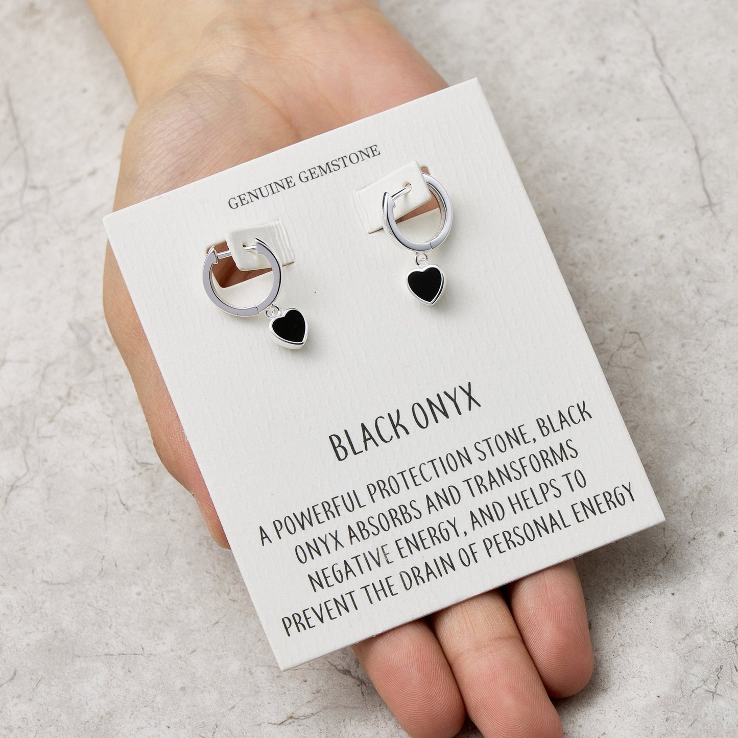 Black Onyx Gemstone Heart Charm Hoop Earrings with Quote Card