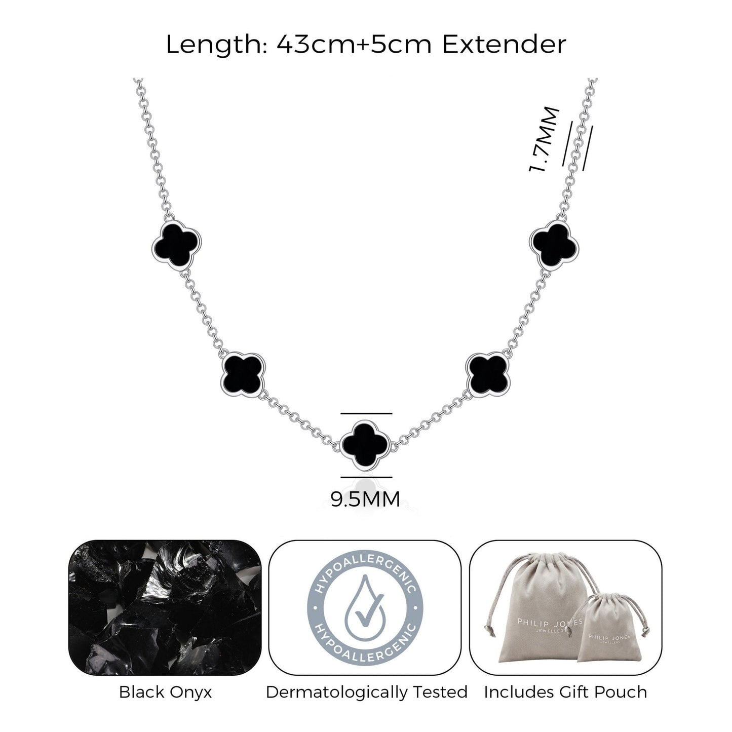 Black Onyx Gemstone Multi Clover Necklace