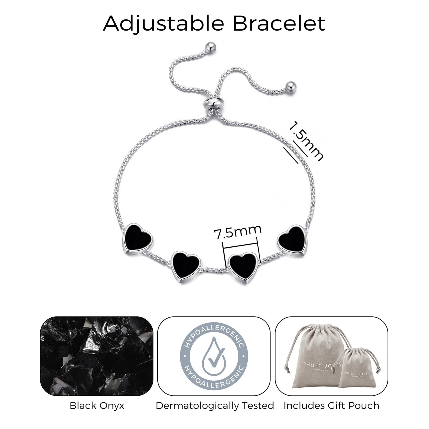 Black Onyx Gemstone Multi Heart Friendship Bracelet