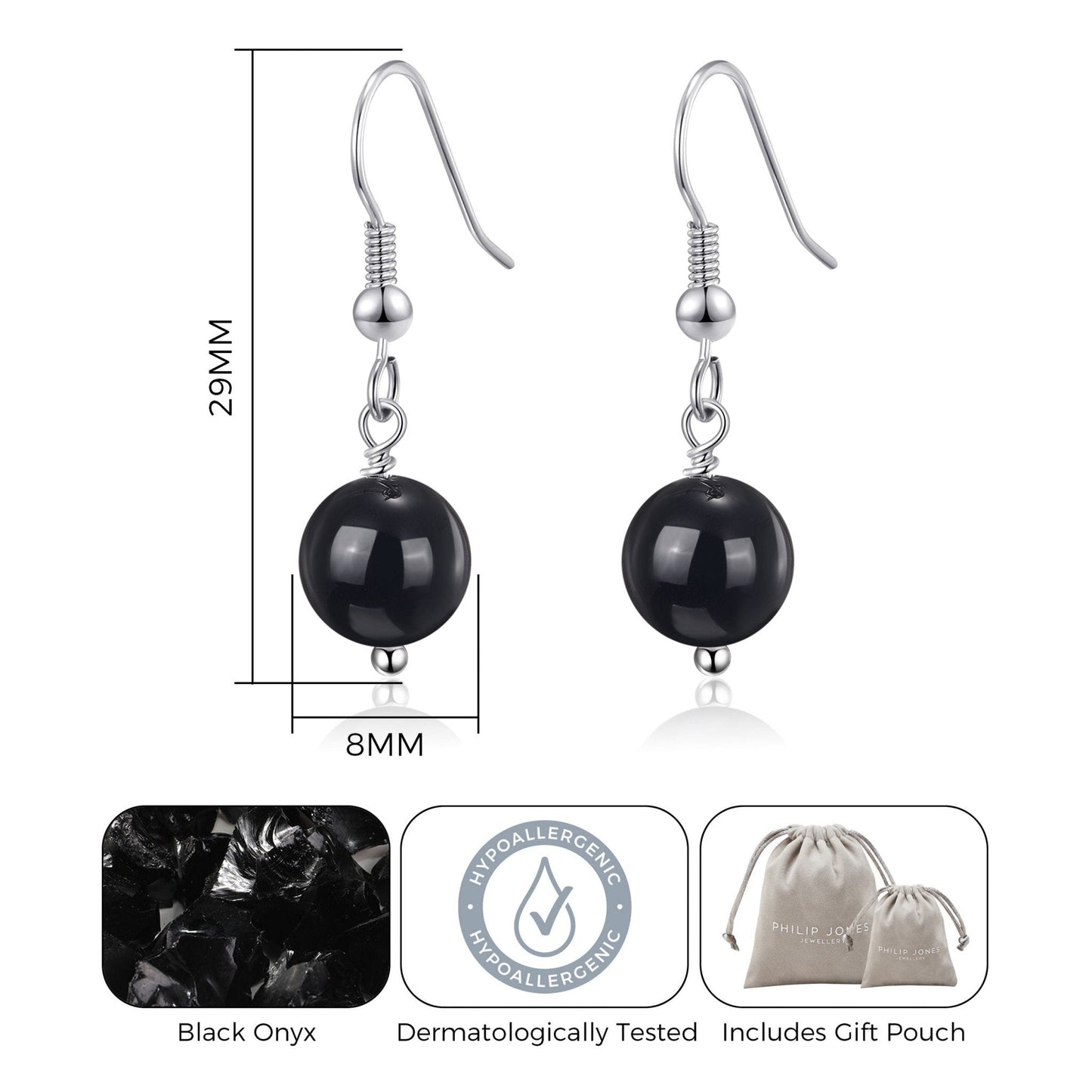 Black Onyx Gemstone Round Drop Earrings with Quote Card