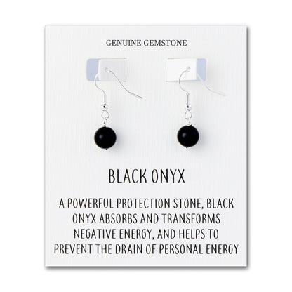 Black Onyx Gemstone Round Drop Earrings with Quote Card
