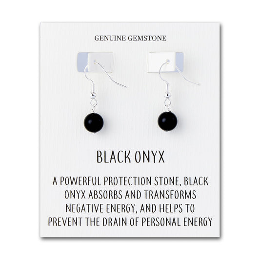 Black Onyx Gemstone Round Drop Earrings with Quote Card