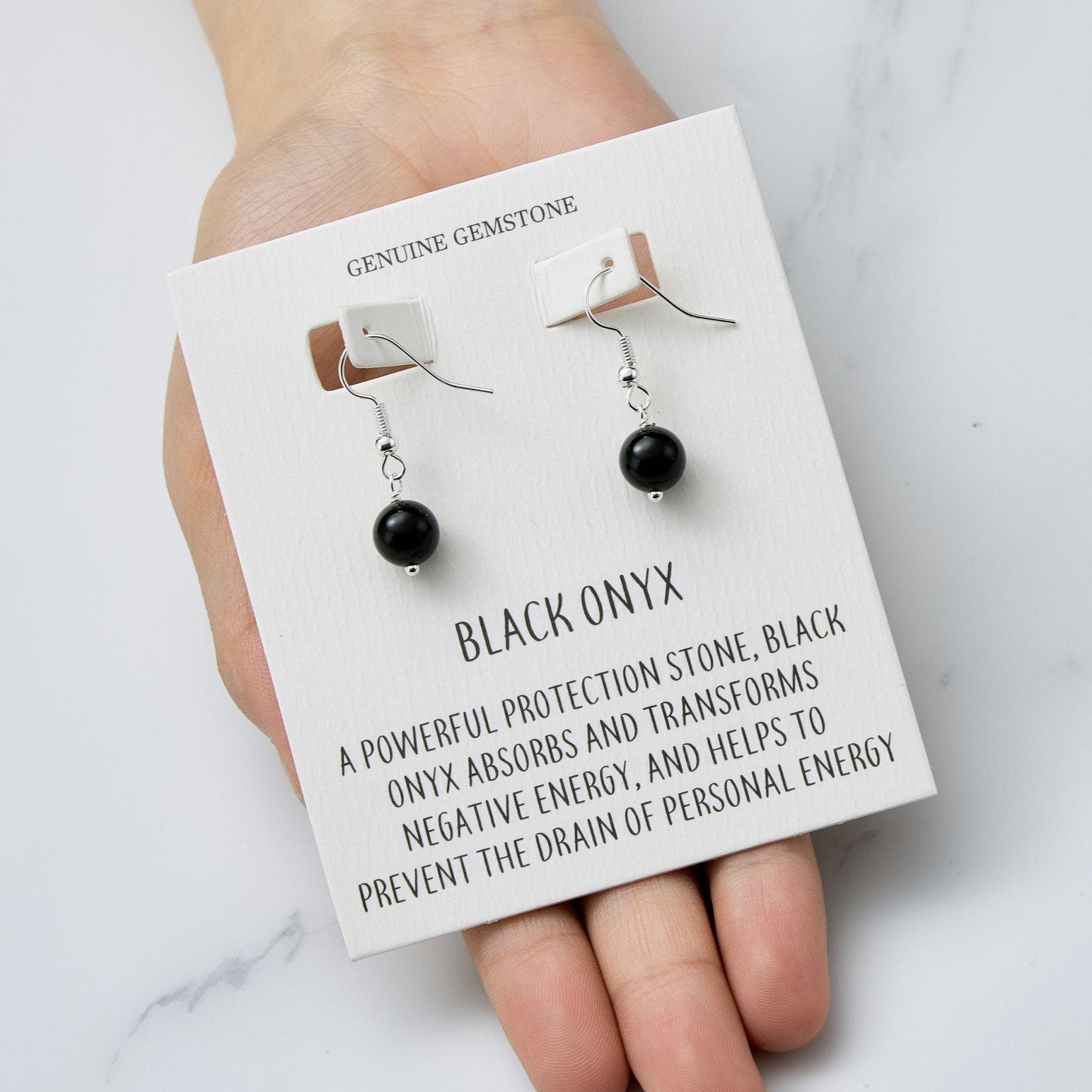 Black Onyx Gemstone Round Drop Earrings with Quote Card