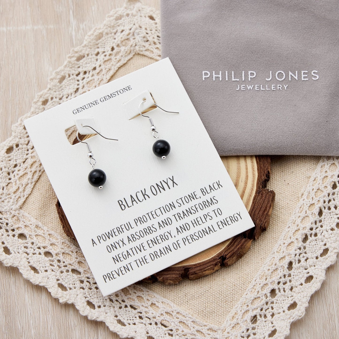 Black Onyx Gemstone Round Drop Earrings with Quote Card