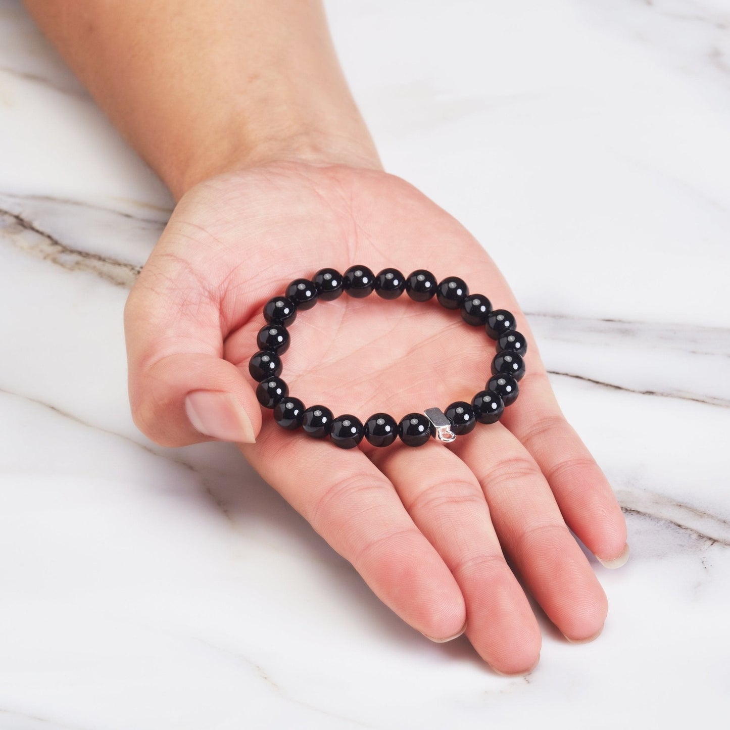 Black Onyx Gemstone Stretch Bracelet with Charm Created with Zircondia® Crystals