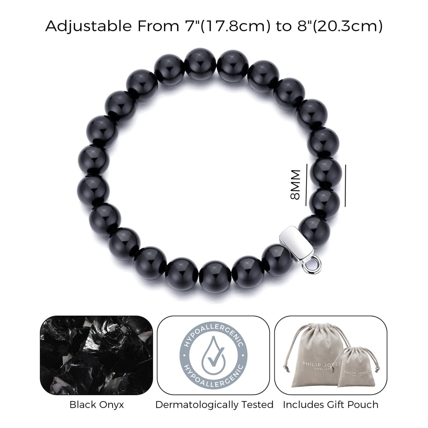 Black Onyx Gemstone Stretch Bracelet with Charm Created with Zircondia® Crystals