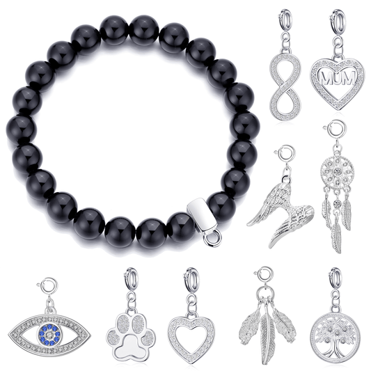 Black Onyx Gemstone Stretch Bracelet with Charm Created with Zircondia® Crystals