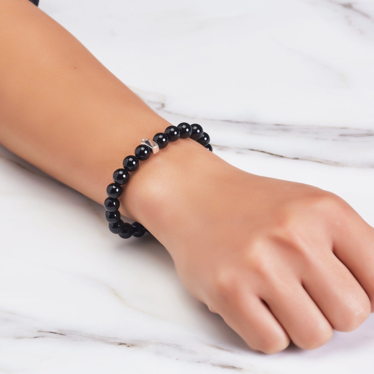 Black Onyx Gemstone Stretch Bracelet with Charm Created with Zircondia® Crystals