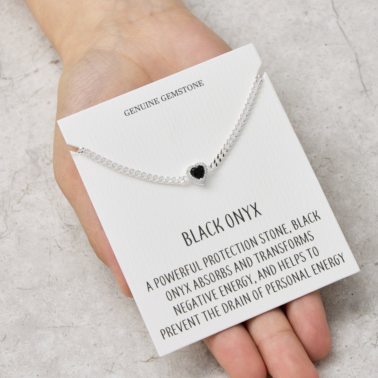 Black Onyx Heart Gemstone Bracelet with Quote Card Created with Zircondia® Crystals