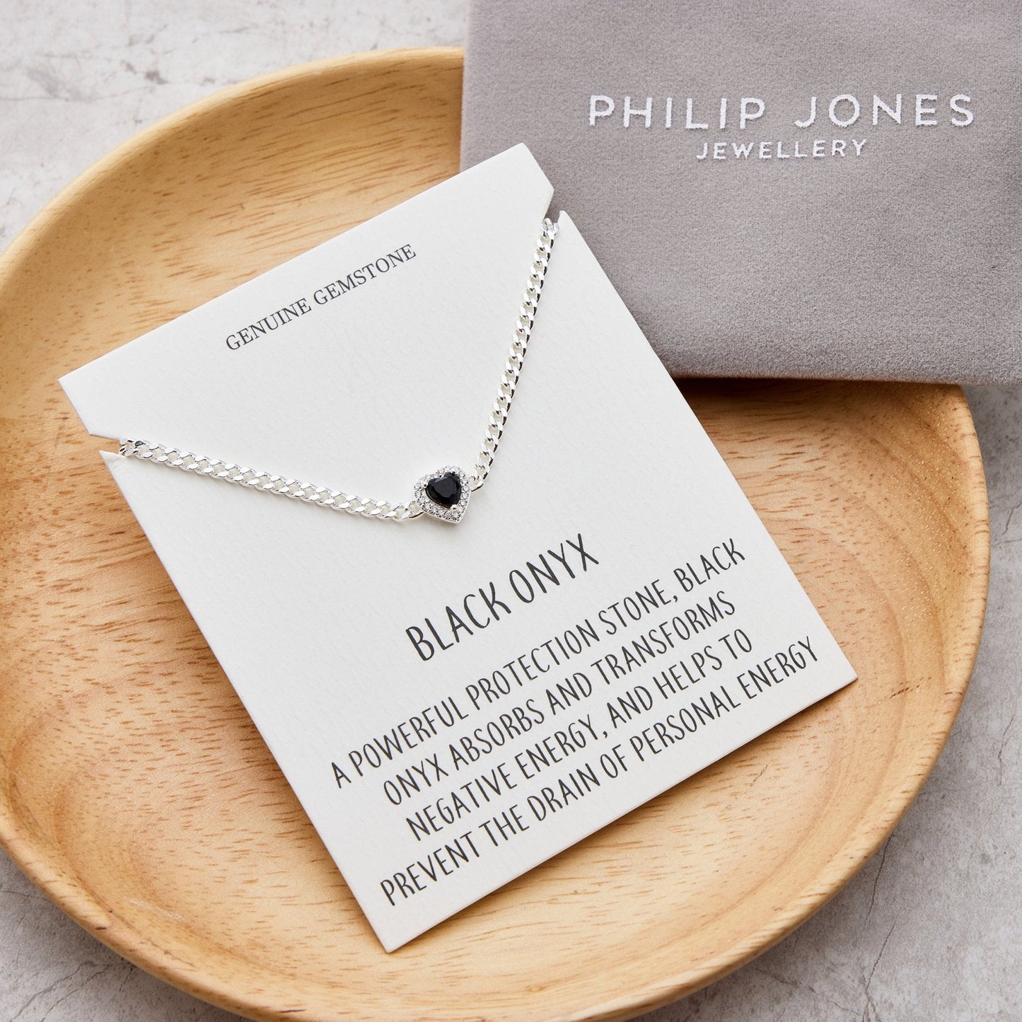 Black Onyx Heart Gemstone Bracelet with Quote Card Created with Zircondia® Crystals