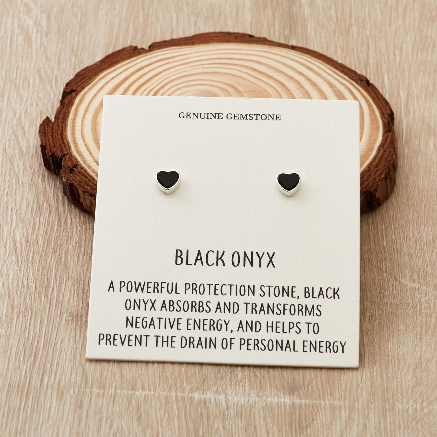 Black Onyx Heart Stud Earrings with Quote Card