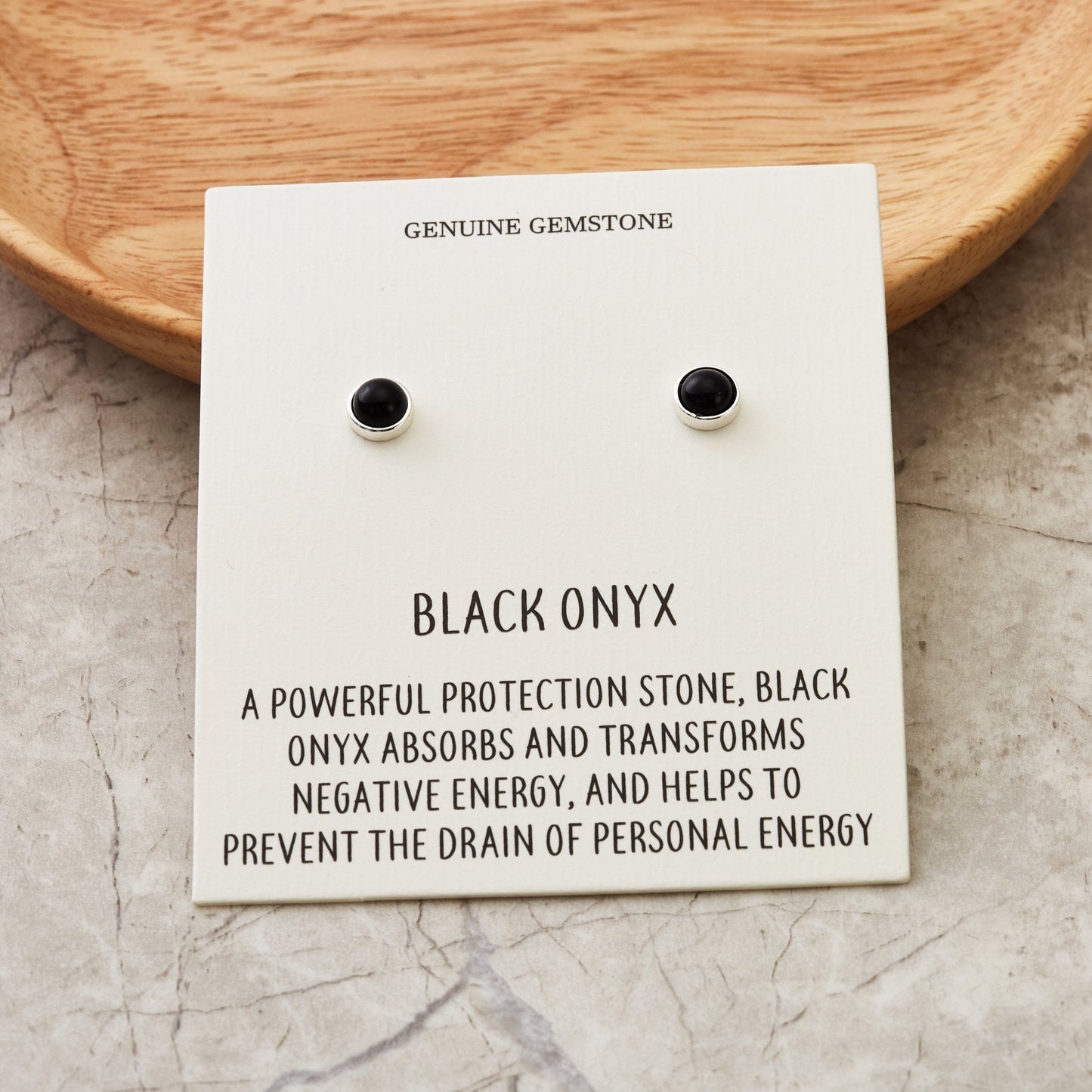 Black Onyx Stud Earrings with Quote Card