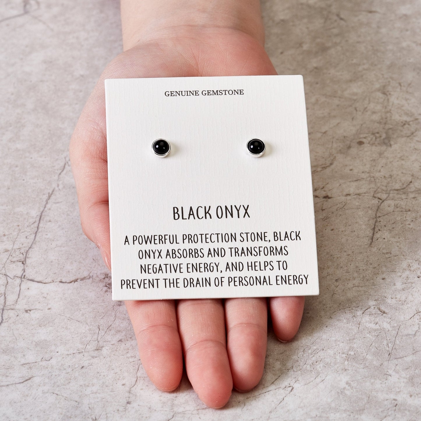 Black Onyx Stud Earrings with Quote Card