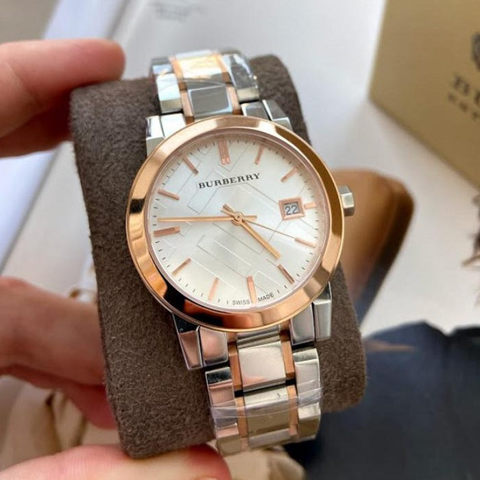 Montre femme Burberry BU9105 The City argent et or rose