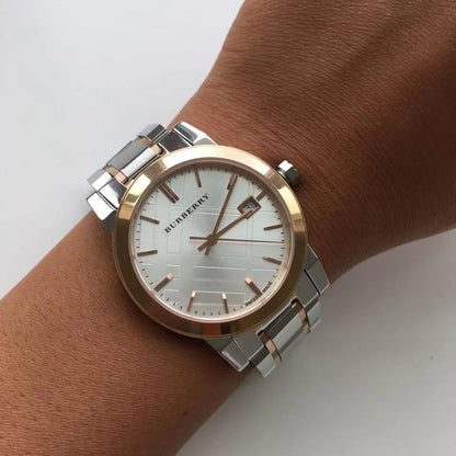 Montre femme Burberry BU9105 The City argent et or rose