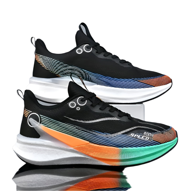Chaussures de course unisexe en fibre de carbone FAYWELLME – Baskets légères, absorbant les chocs, avec tige respirante et semelle en TPU – Chaussures de sport toutes saisons blanches et orange