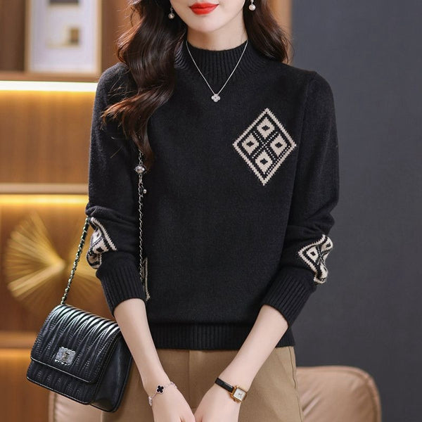 Womens Mock Neck Sweater Top Plaid Colorblock Knitted - Stuffs & Savers