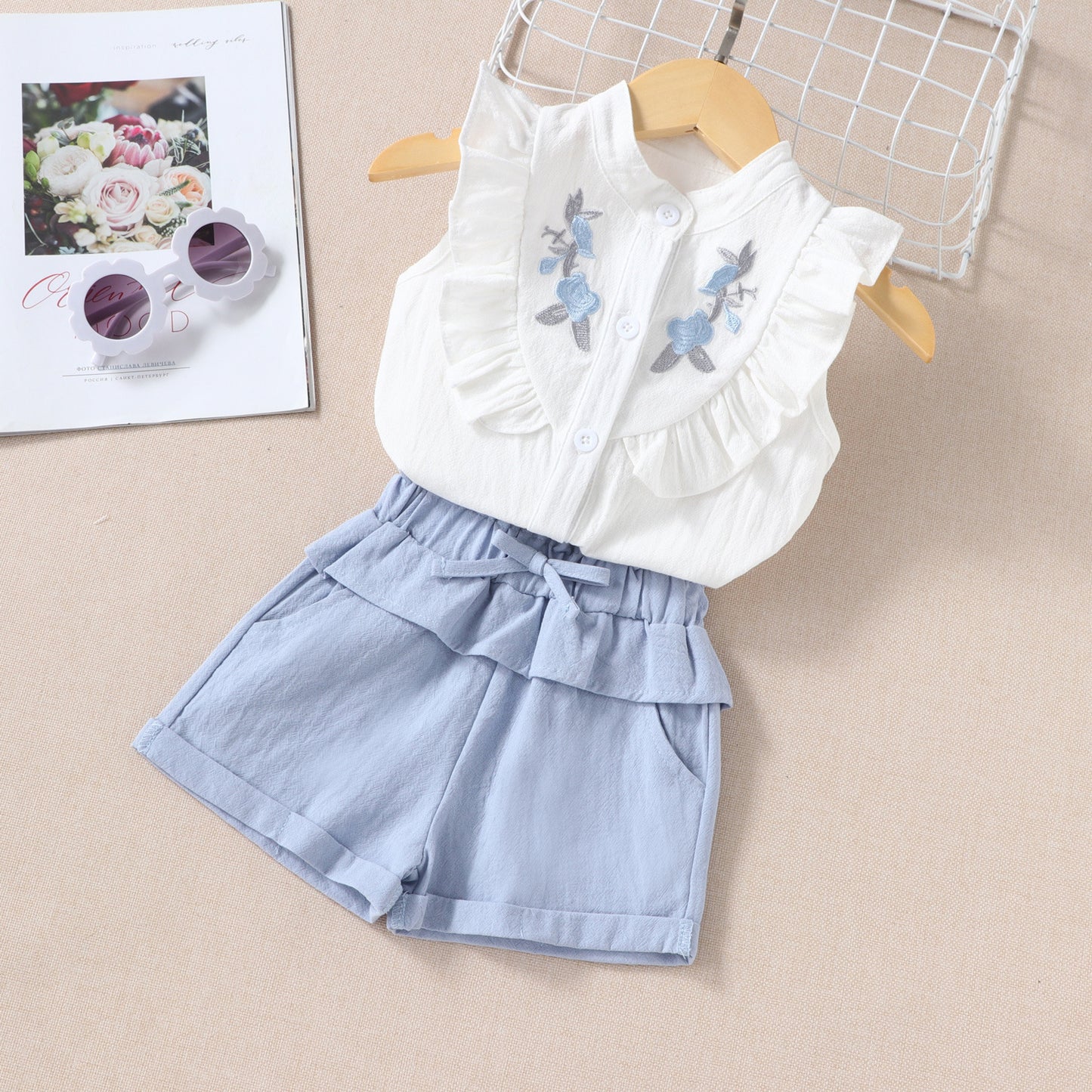 Childrens Sleeveless Embroidered Shirt Top Shorts Two-piece Set