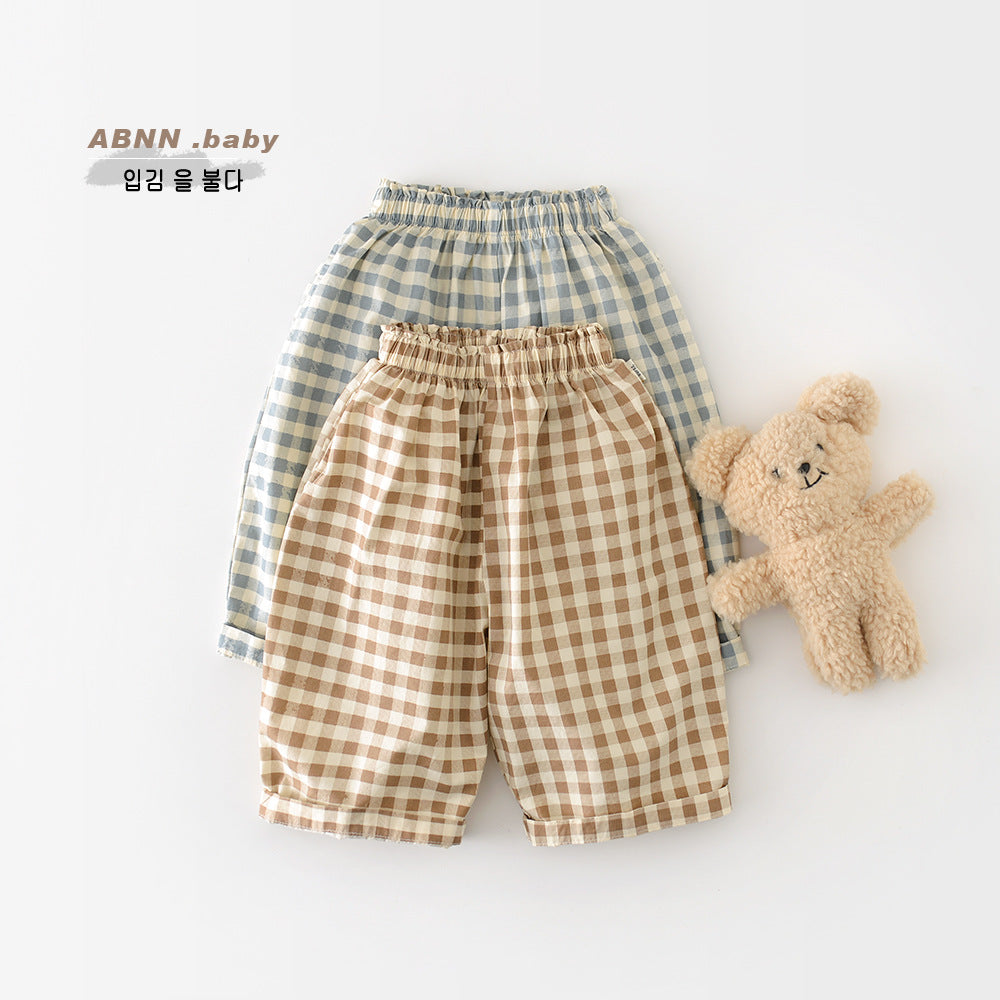 Boys Cotton Loose-fit Plaid Wide-leg Pants