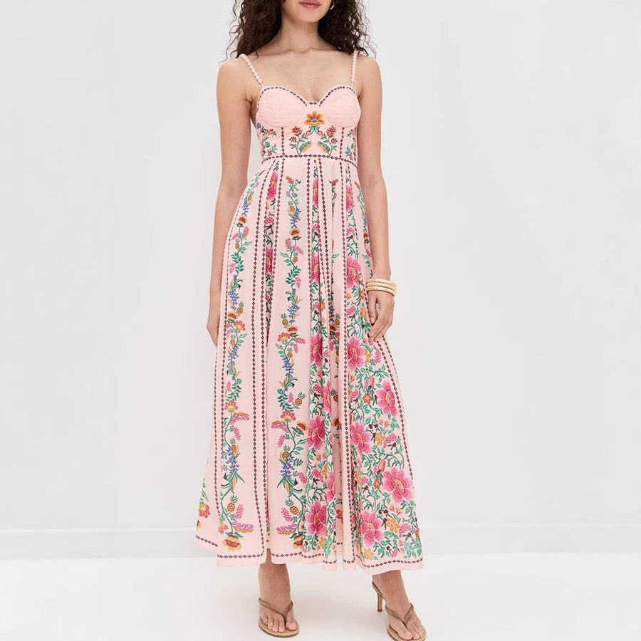 Decorative Beads Sling Positioning Print Dress