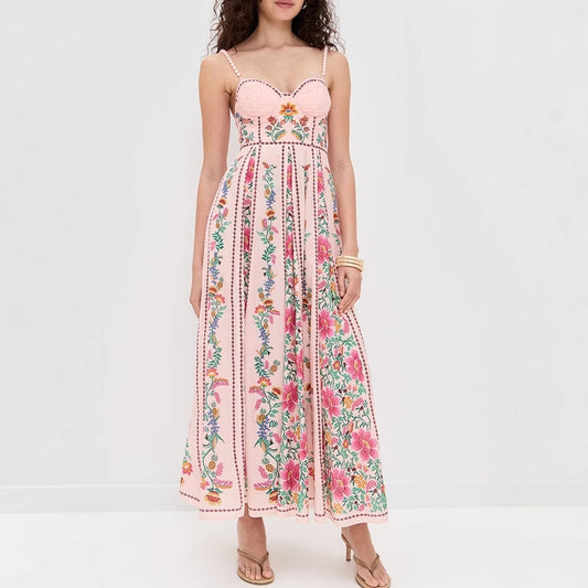 Decorative Beads Sling Positioning Print Dress