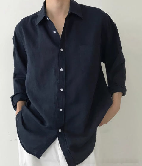 Solid-color Casual All-match Button-up Top For Men
