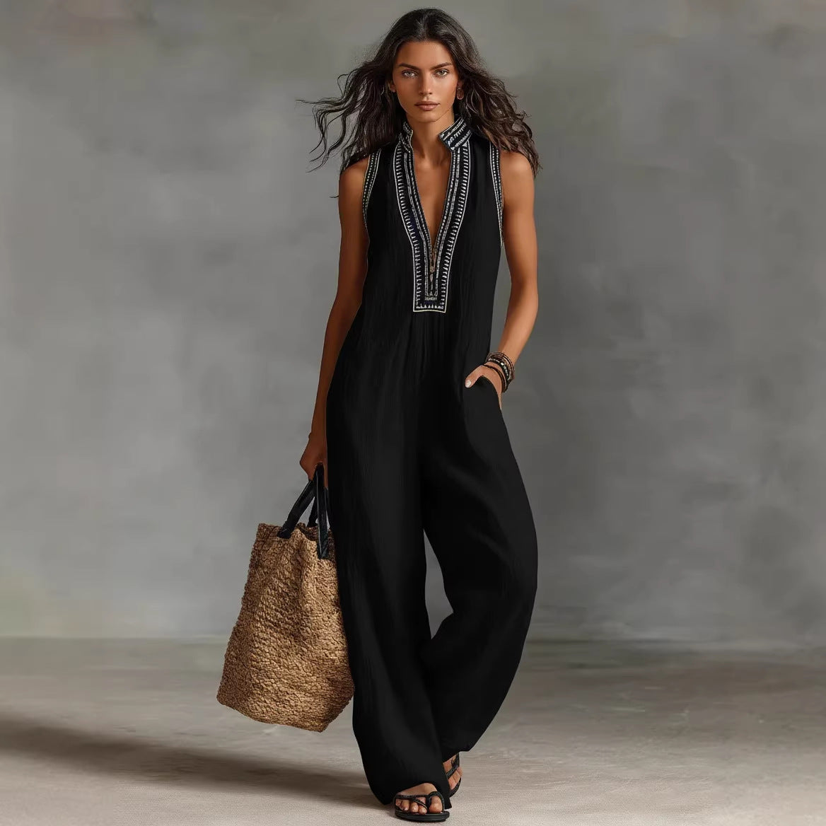 Women's Linen-Blend Sleeveless Jumpsuit | Loose Waist Full-Length