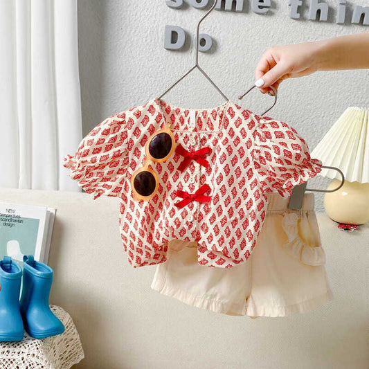 Girls' Short-sleeved Printed Top And Shorts Two-piece Set