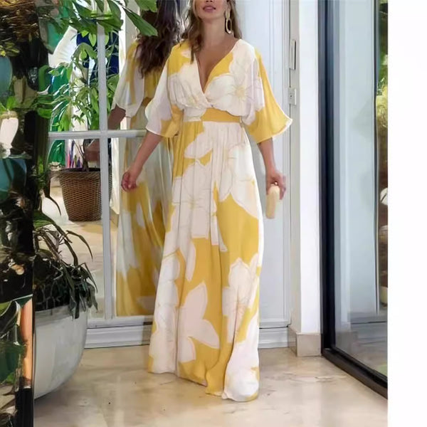Flower Printed V-neck Batwing-sleeved Dress