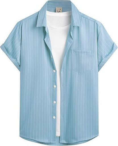 Striped And Solid-color Short-sleeve Shirt-cardigan