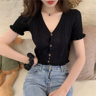 Retro V-neck Short Top Cardigan