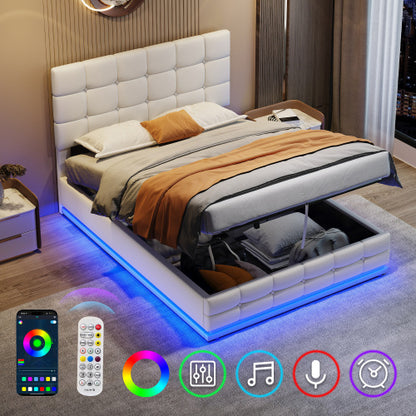 Ottoman Double Bed With LED Lighting, PU Leather Upholstered Bed With Hydraulic Storage, 4ft6 Double Bed Frame With Adjustable Button Tufted Headboard, Cream White No Mattress