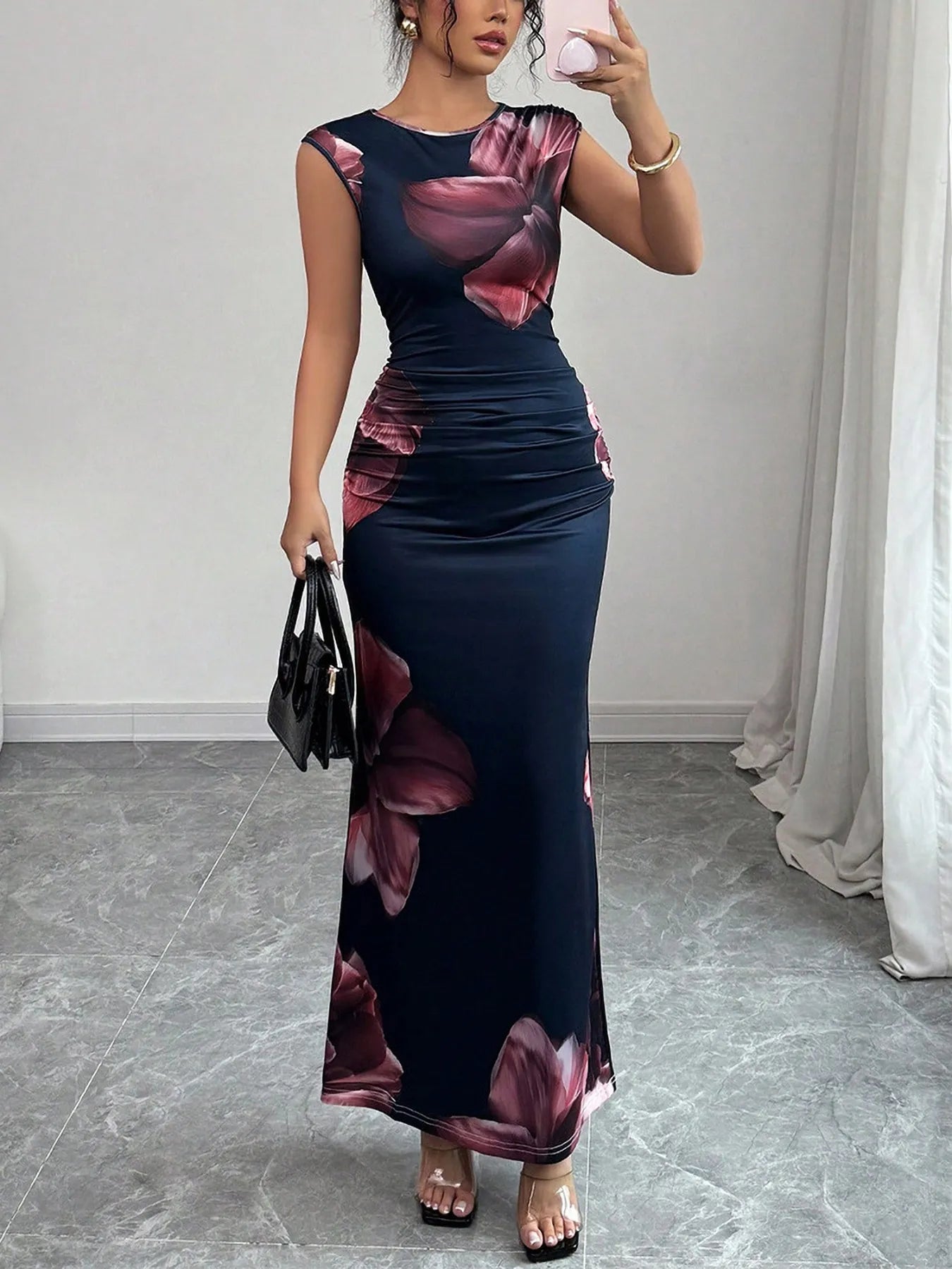 Floral Print Sleeveless Bodycon Maxi Dress