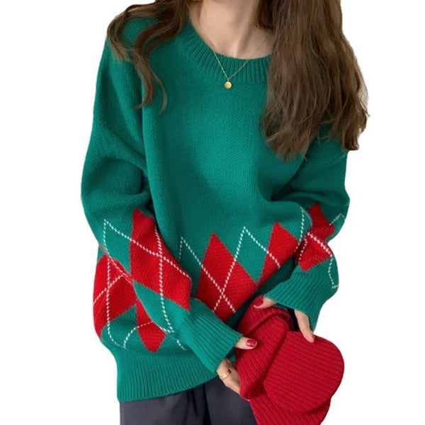 Western Fashion All Match Long Sleeved Round Neck Sweater Spring New Women's Clothing European And American Thickened Rhombus Sweater For Women - Stuffs & Savers